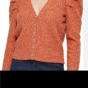 Karl Largerfeld Women's Orange Boucle Button-Up Puff Sleeve Sweater